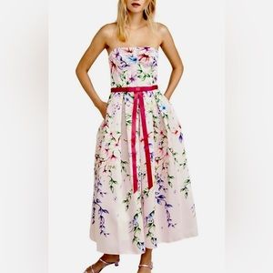 Sz 0 Marchesa Notte Strapless Corset Printed Mikado Tea-Length Gown Blush Dress